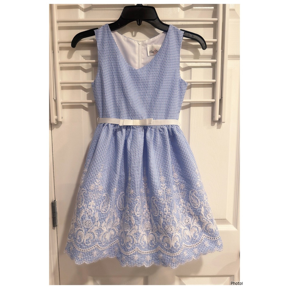 Rare Editions Dress Girls 8 Blue Gingham Embroidered Eyelet Wedding Easter